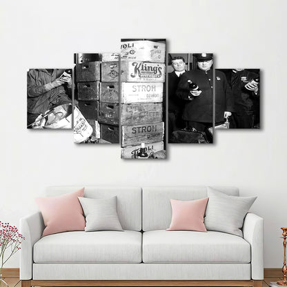 Police Raid in Prohibition, Bar Cart Print, Black and White, 1920s English Pub Decor, Mixed 5 Pieces Canvas Print