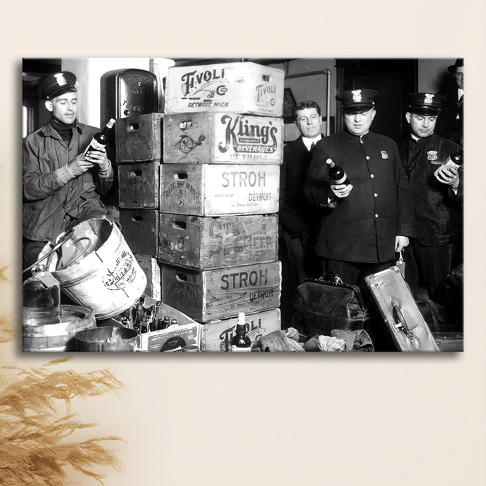 Police Raid in Prohibition, Bar Cart Print, Black and White, 1920s English Pub Decor, Canvas Print Wall Art Decor