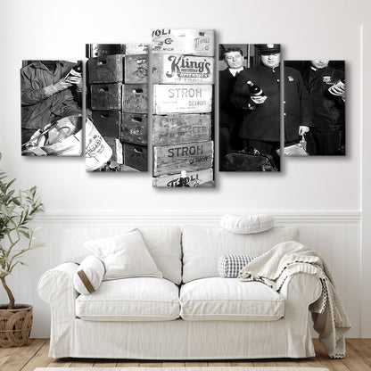 Police Raid in Prohibition, Bar Cart Print, Black and White, 1920s English Pub Decor, Mixed 5 Pieces Canvas Print