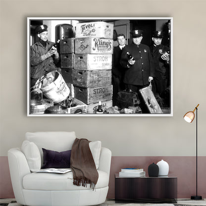 Police Raid in Prohibition, Bar Cart Print, Black and White, 1920s English Pub Decor, Floating Framed Canvas Print