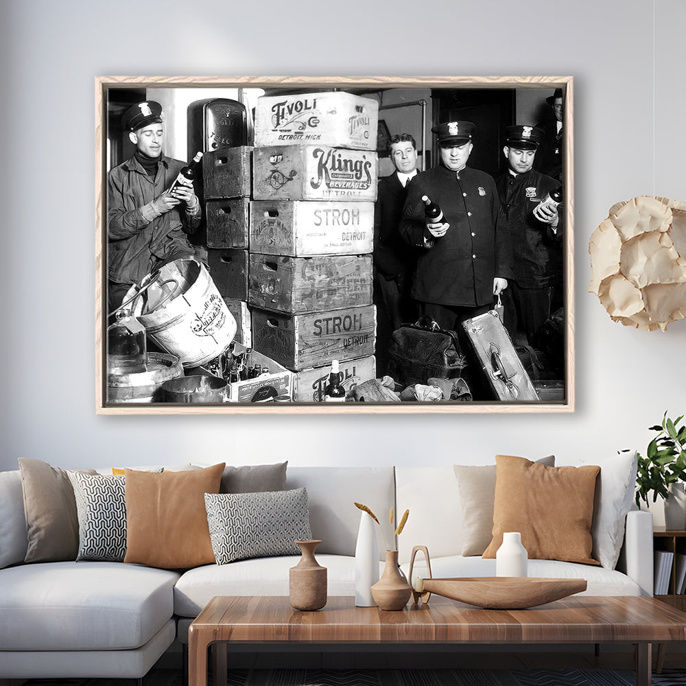 Police Raid in Prohibition, Bar Cart Print, Black and White, 1920s English Pub Decor, Floating Framed Canvas Print