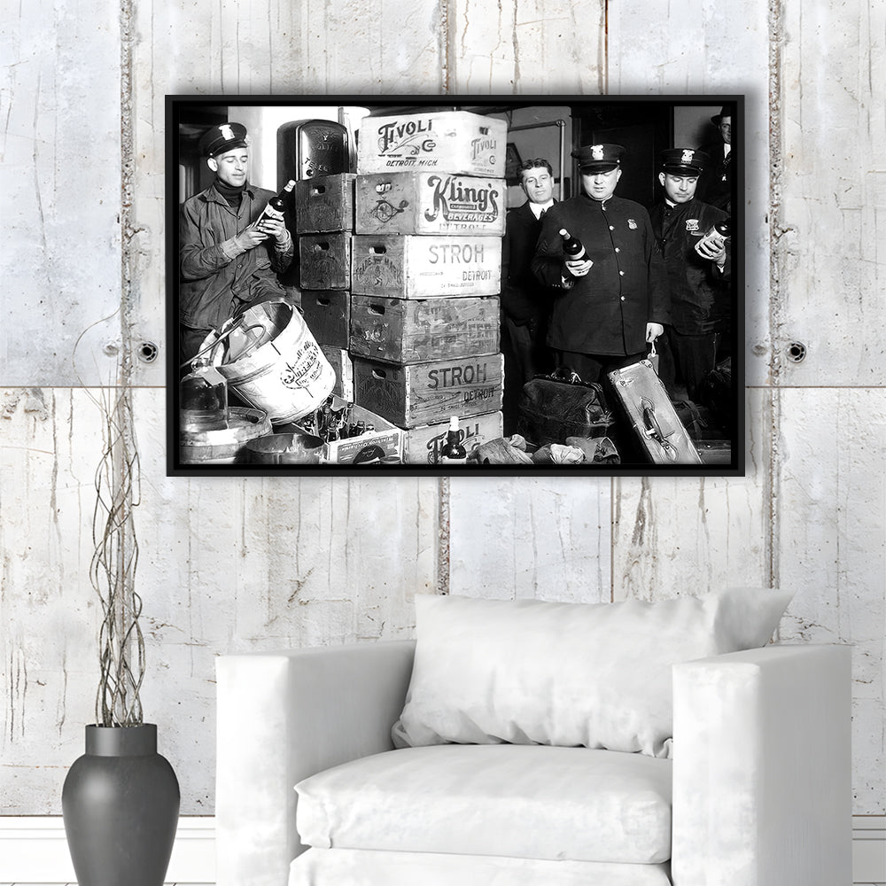 Police Raid in Prohibition, Bar Cart Print, Black and White, 1920s English Pub Decor, Floating Framed Canvas Print