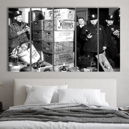 Police Raid in Prohibition, Bar Cart Print, Black and White, 1920s English Pub Decor, 5 Pieces Large Canvas Print