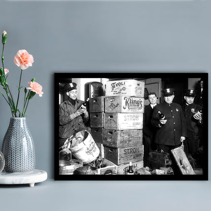 Police Raid in Prohibition, Bar Cart Print, Black and White, 1920s English Pub Decor, Framed Art Print Wall Decor