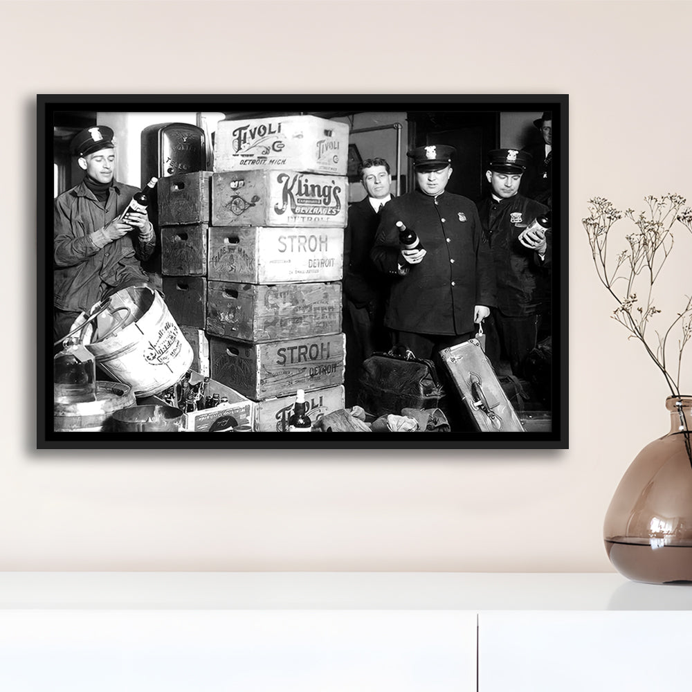 Police Raid in Prohibition, Bar Cart Print, Black and White, 1920s English Pub Decor, Floating Framed Canvas Print