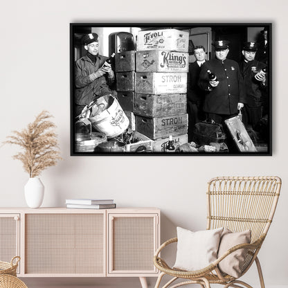 Police Raid in Prohibition, Bar Cart Print, Black and White, 1920s English Pub Decor, Floating Framed Canvas Print