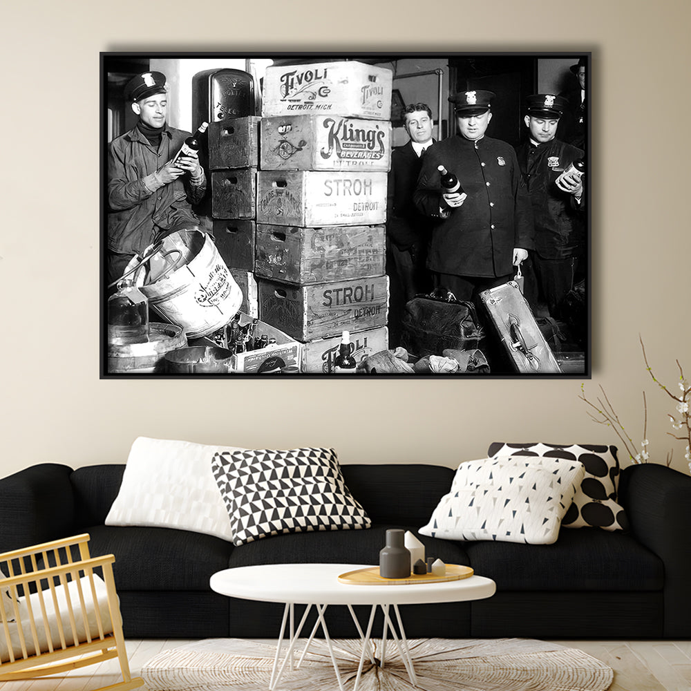 Police Raid in Prohibition, Bar Cart Print, Black and White, 1920s English Pub Decor, Floating Framed Canvas Print