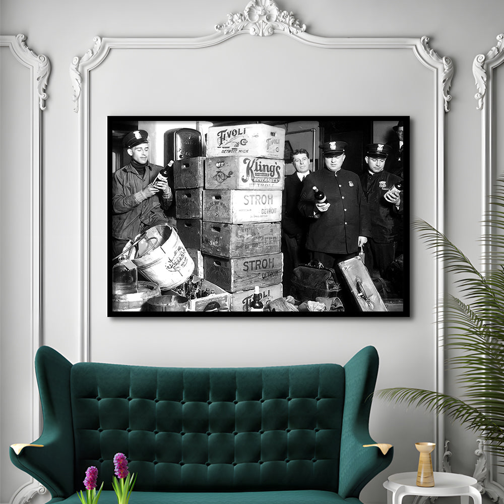 Police Raid in Prohibition, Bar Cart Print, Black and White, 1920s English Pub Decor, Framed Art Print Wall Decor