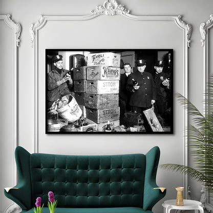 Police Raid in Prohibition, Bar Cart Print, Black and White, 1920s English Pub Decor, Framed Art Print Wall Decor
