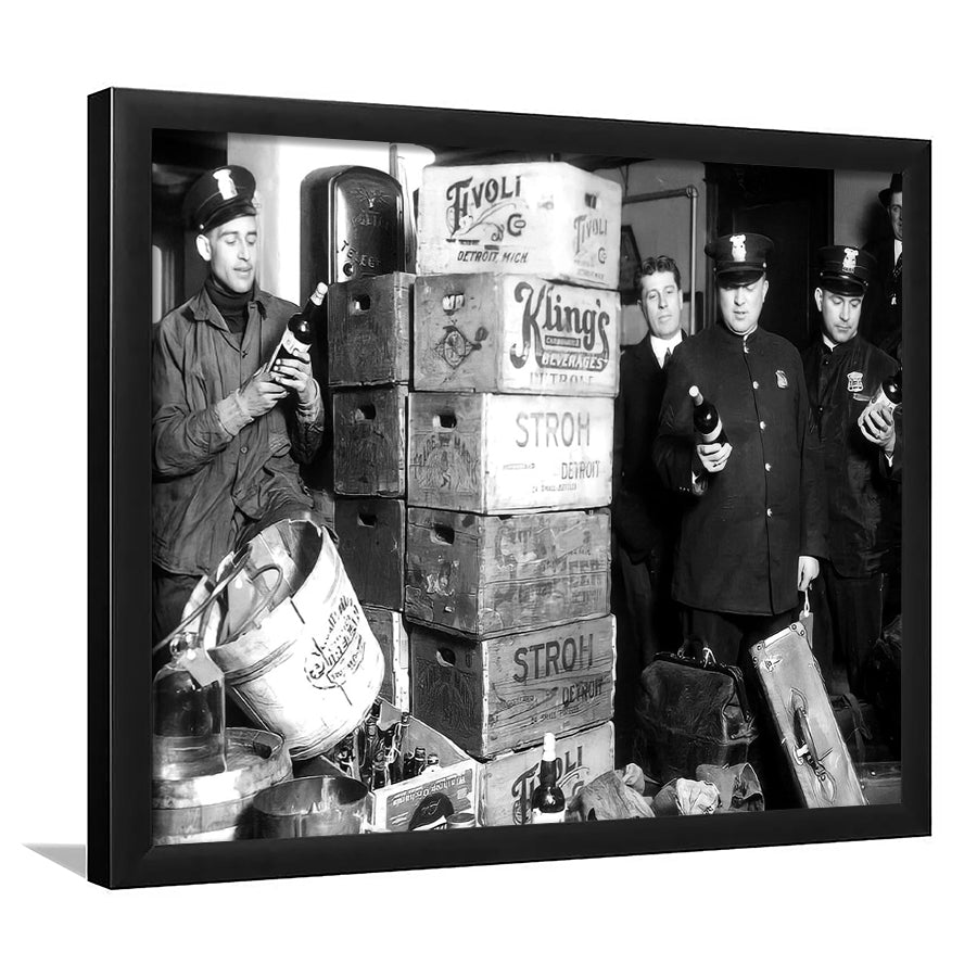 Police Raid in Prohibition, Bar Cart Print, Black and White, 1920s English Pub Decor, Framed Art Print Wall Decor