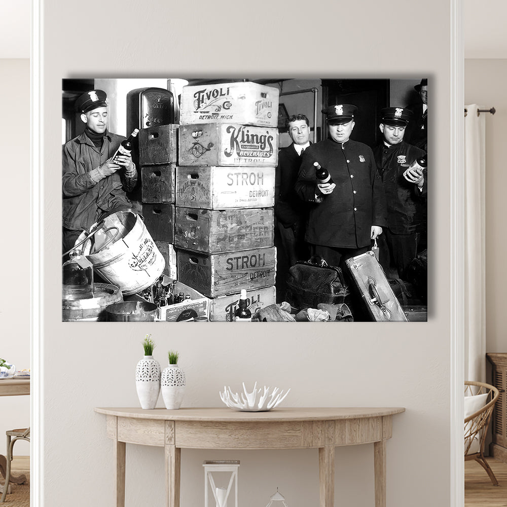 Police Raid in Prohibition, Bar Cart Print, Black and White, 1920s English Pub Decor, Canvas Print Wall Art Decor