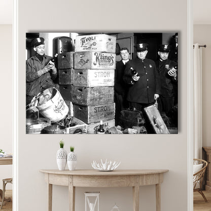 Police Raid in Prohibition, Bar Cart Print, Black and White, 1920s English Pub Decor, Canvas Print Wall Art Decor