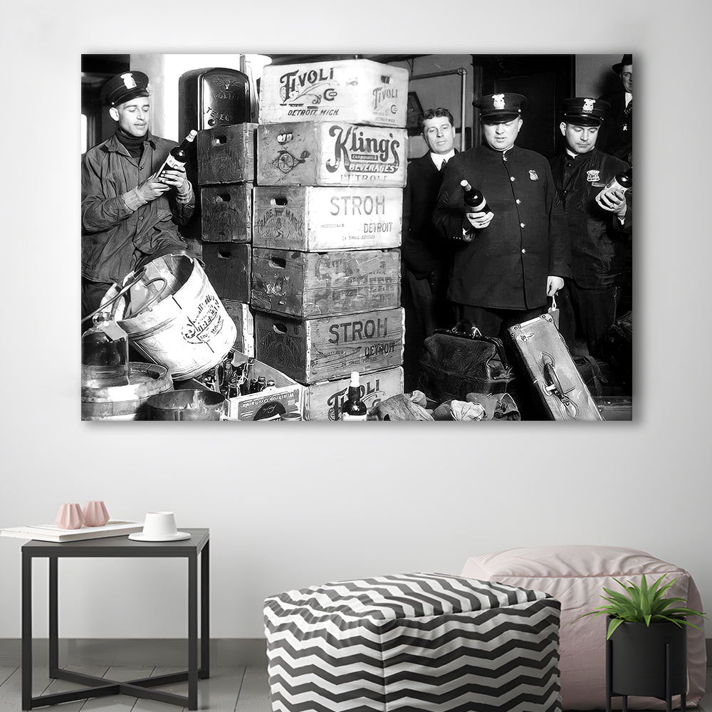 Police Raid in Prohibition, Bar Cart Print, Black and White, 1920s English Pub Decor, Canvas Print Wall Art Decor