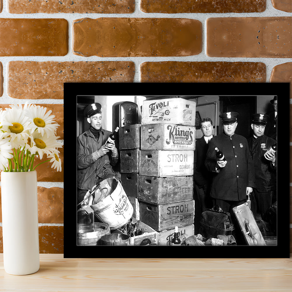 Police Raid in Prohibition, Bar Cart Print, Black and White, 1920s English Pub Decor, Framed Art Print Wall Decor