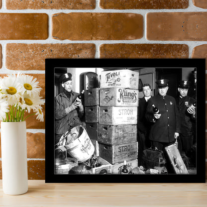 Police Raid in Prohibition, Bar Cart Print, Black and White, 1920s English Pub Decor, Framed Art Print Wall Decor