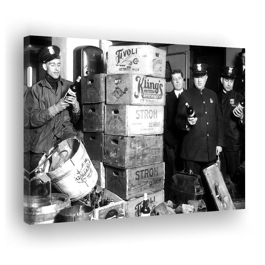 Police Raid in Prohibition, Bar Cart Print, Black and White, 1920s English Pub Decor, Canvas Print Wall Art Decor
