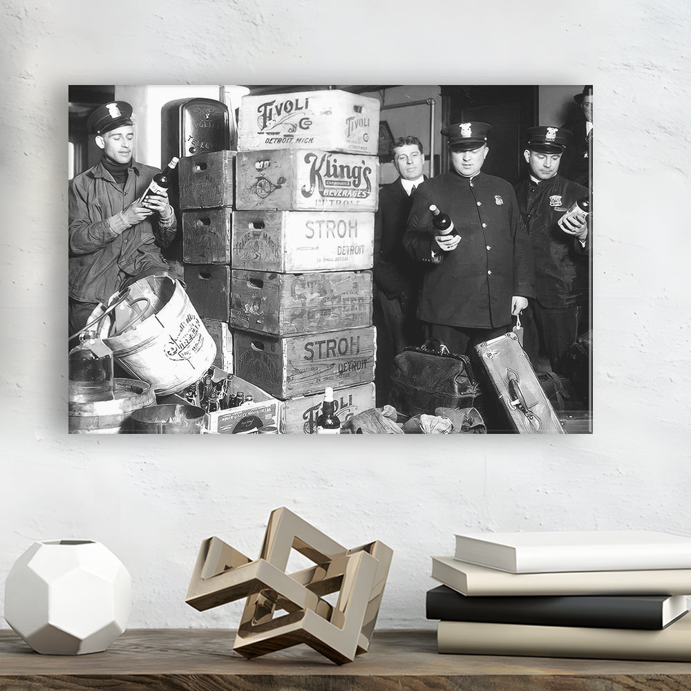 Police Raid in Prohibition, Bar Cart Print, Black and White, 1920s English Pub Decor, Canvas Print Wall Art Decor