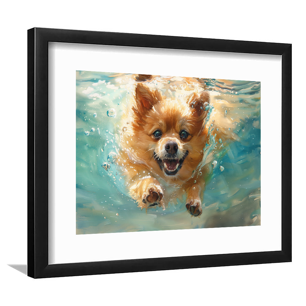 Pomeranian Dog Underwater Painting, Framed  Print, Painting Art, Framed Art Print White Border Wall Decor