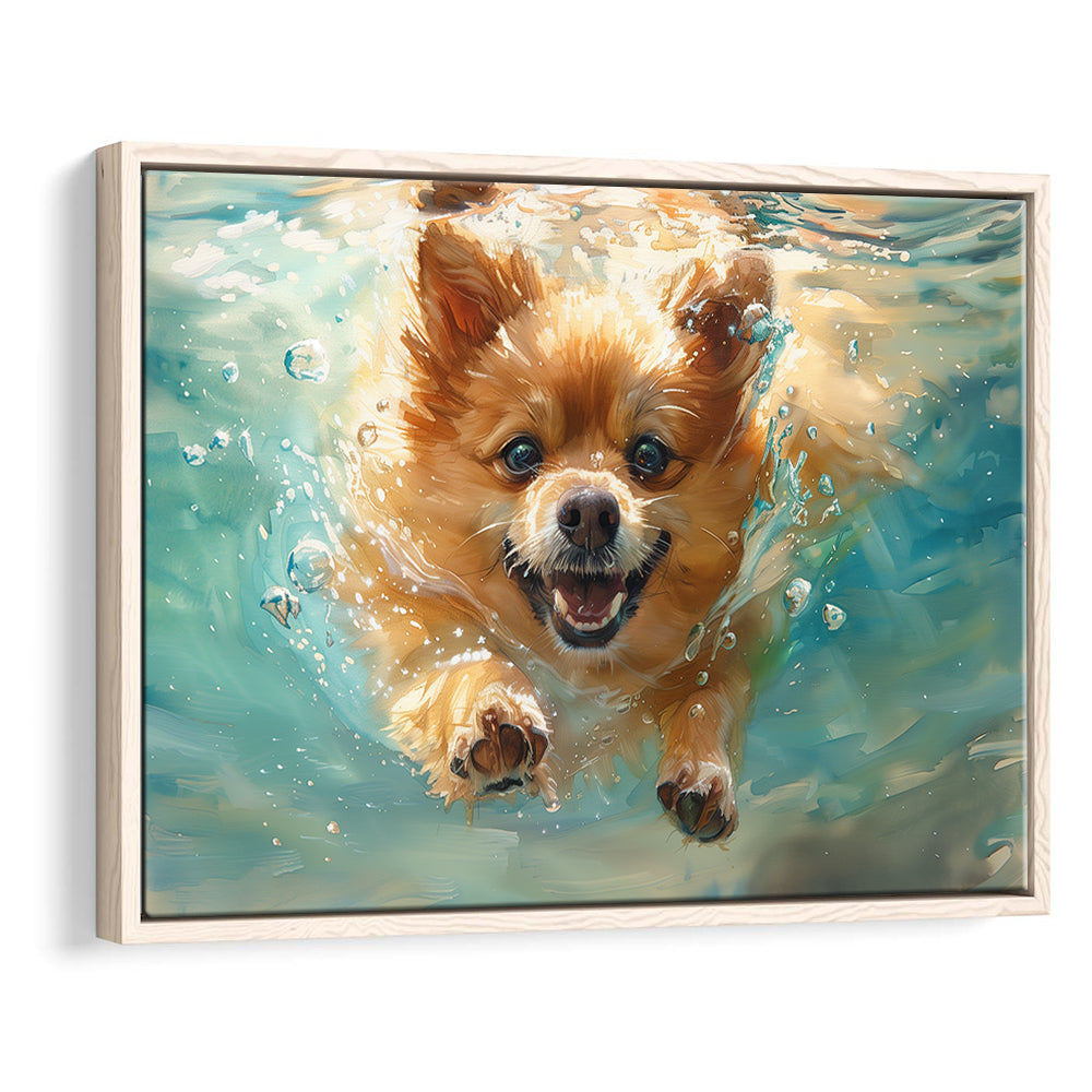 Pomeranian Dog Underwater Painting, Framed Canvas Print, Painting Art, Floating Framed Canvas Print Wall Art