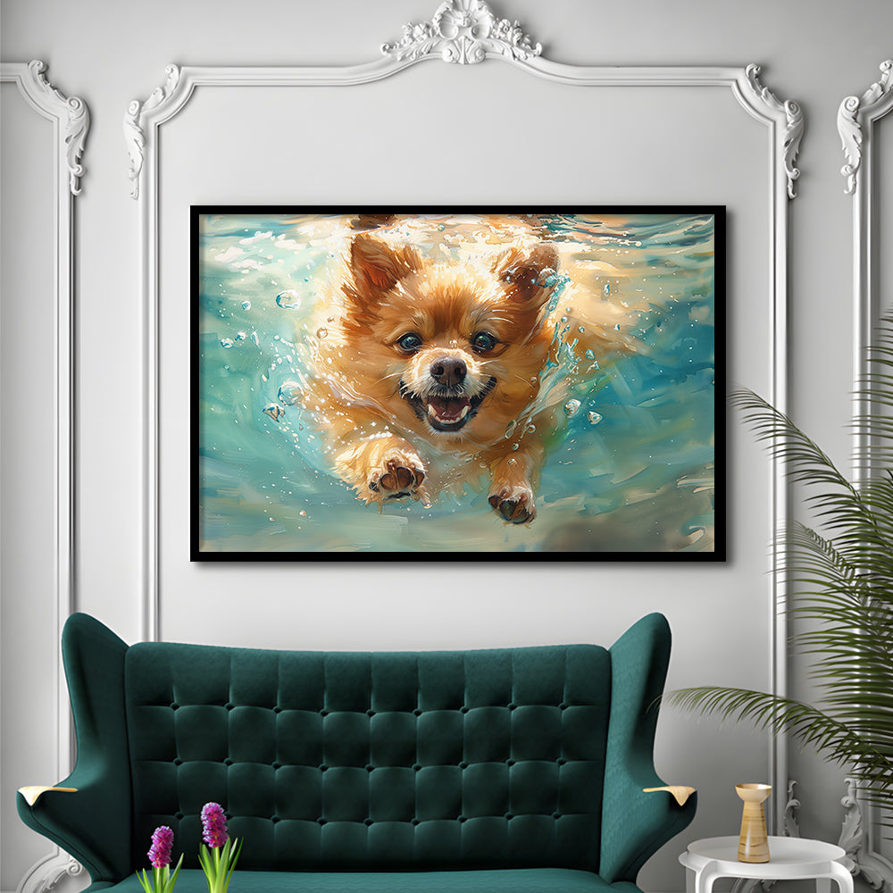 Pomeranian Dog Underwater Painting, Framed  Print, Painting Art, Framed Art Print Wall Decor, Framed Picture