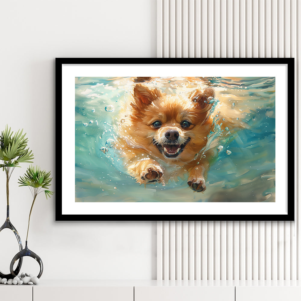 Pomeranian Dog Underwater Painting, Framed  Print, Painting Art, Framed Art Print White Border Wall Decor