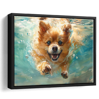 Pomeranian Dog Underwater Painting, Framed Canvas Print, Painting Art, Floating Framed Canvas Print Wall Art