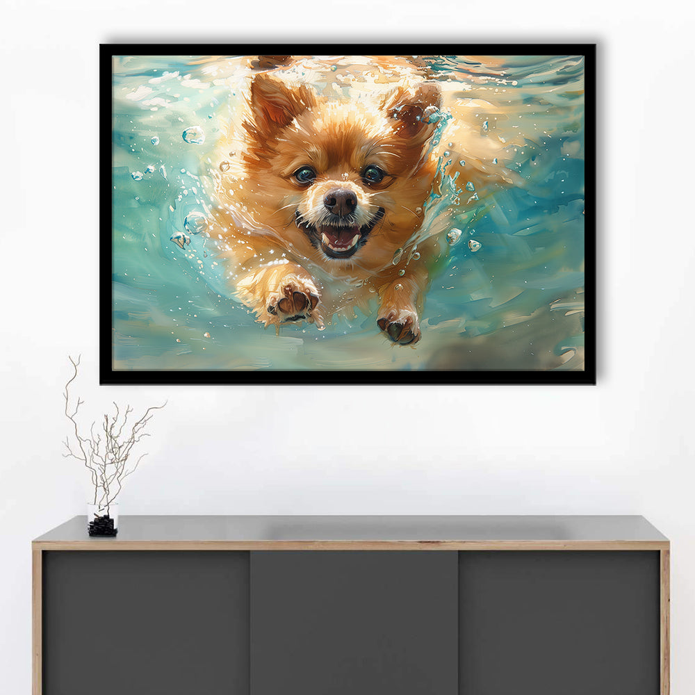 Pomeranian Dog Underwater Painting, Framed  Print, Painting Art, Framed Art Print Wall Decor, Framed Picture