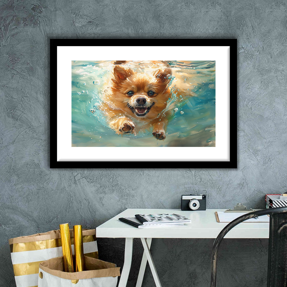 Pomeranian Dog Underwater Painting, Framed  Print, Painting Art, Framed Art Print White Border Wall Decor