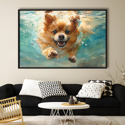 Pomeranian Dog Underwater Painting, Framed Canvas Print, Painting Art, Floating Framed Canvas Print Wall Art