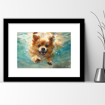 Pomeranian Dog Underwater Painting, Framed  Print, Painting Art, Framed Art Print White Border Wall Decor