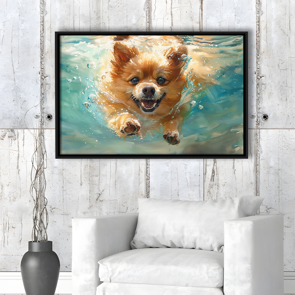 Pomeranian Dog Underwater Painting, Framed Canvas Print, Painting Art, Floating Framed Canvas Print Wall Art