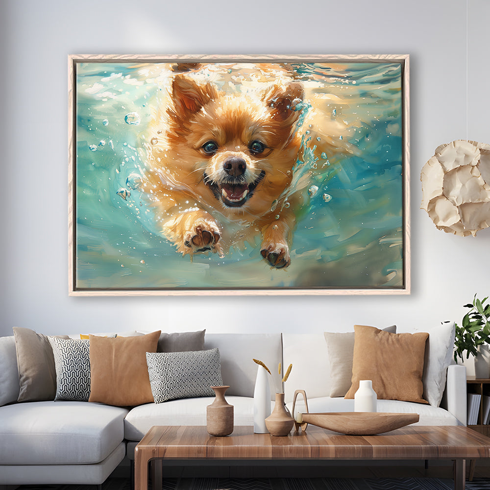 Pomeranian Dog Underwater Painting, Framed Canvas Print, Painting Art, Floating Framed Canvas Print Wall Art