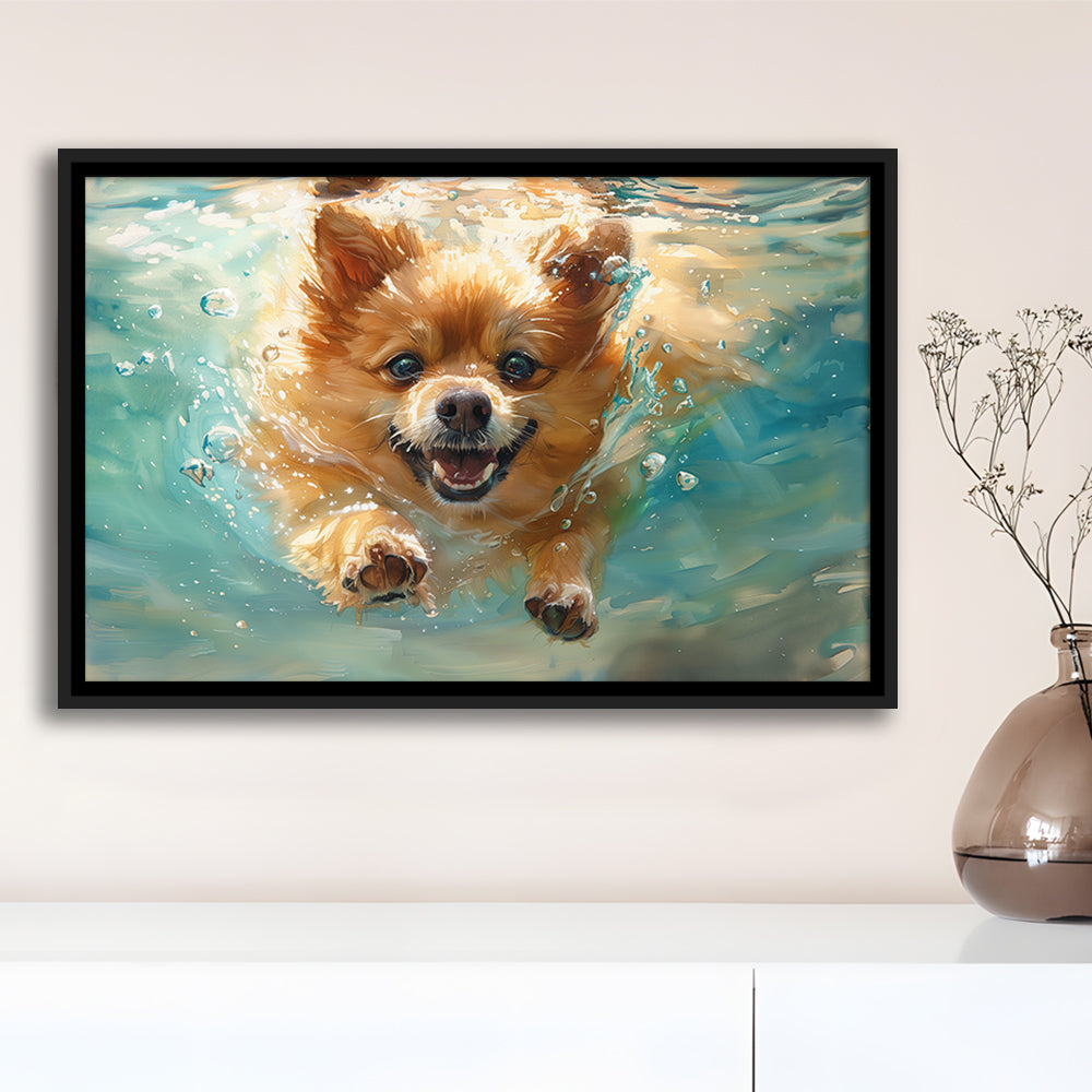 Pomeranian Dog Underwater Painting, Framed Canvas Print, Painting Art, Floating Framed Canvas Print Wall Art