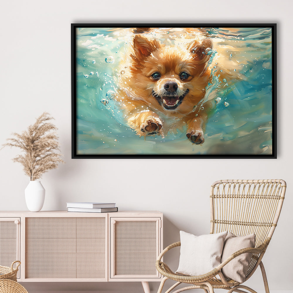 Pomeranian Dog Underwater Painting, Framed Canvas Print, Painting Art, Floating Framed Canvas Print Wall Art