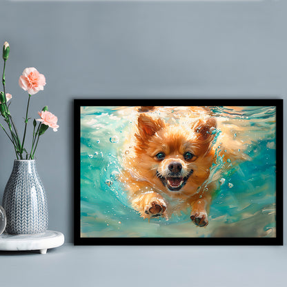 Pomeranian Dog Underwater Painting, Framed  Print, Painting Art, Framed Art Print Wall Decor, Framed Picture