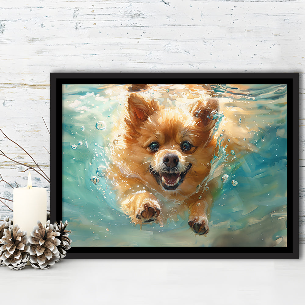 Pomeranian Dog Underwater Painting, Framed Canvas Print, Painting Art, Floating Framed Canvas Print Wall Art