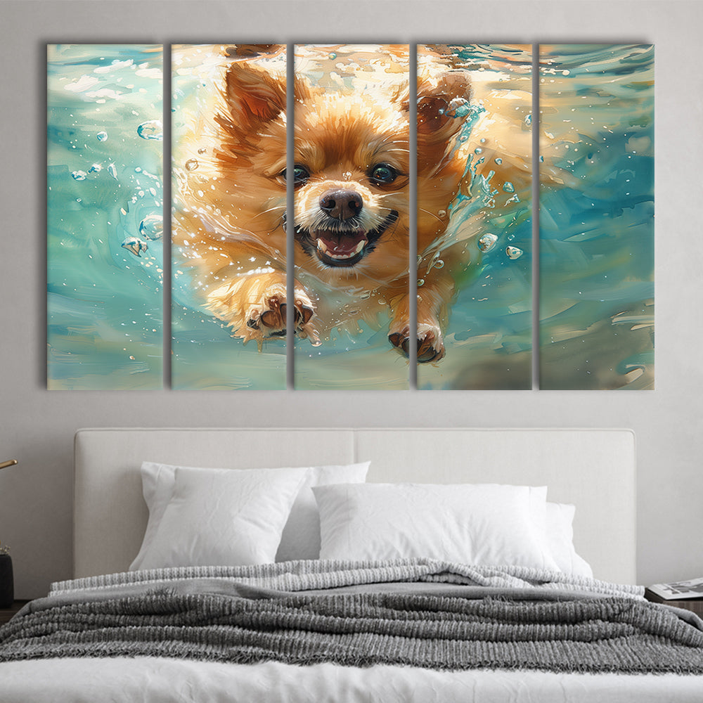 Pomeranian Dog Underwater Painting, Canvas Art Print, Painting Art, Multi Panels Canvas Print Wall Art