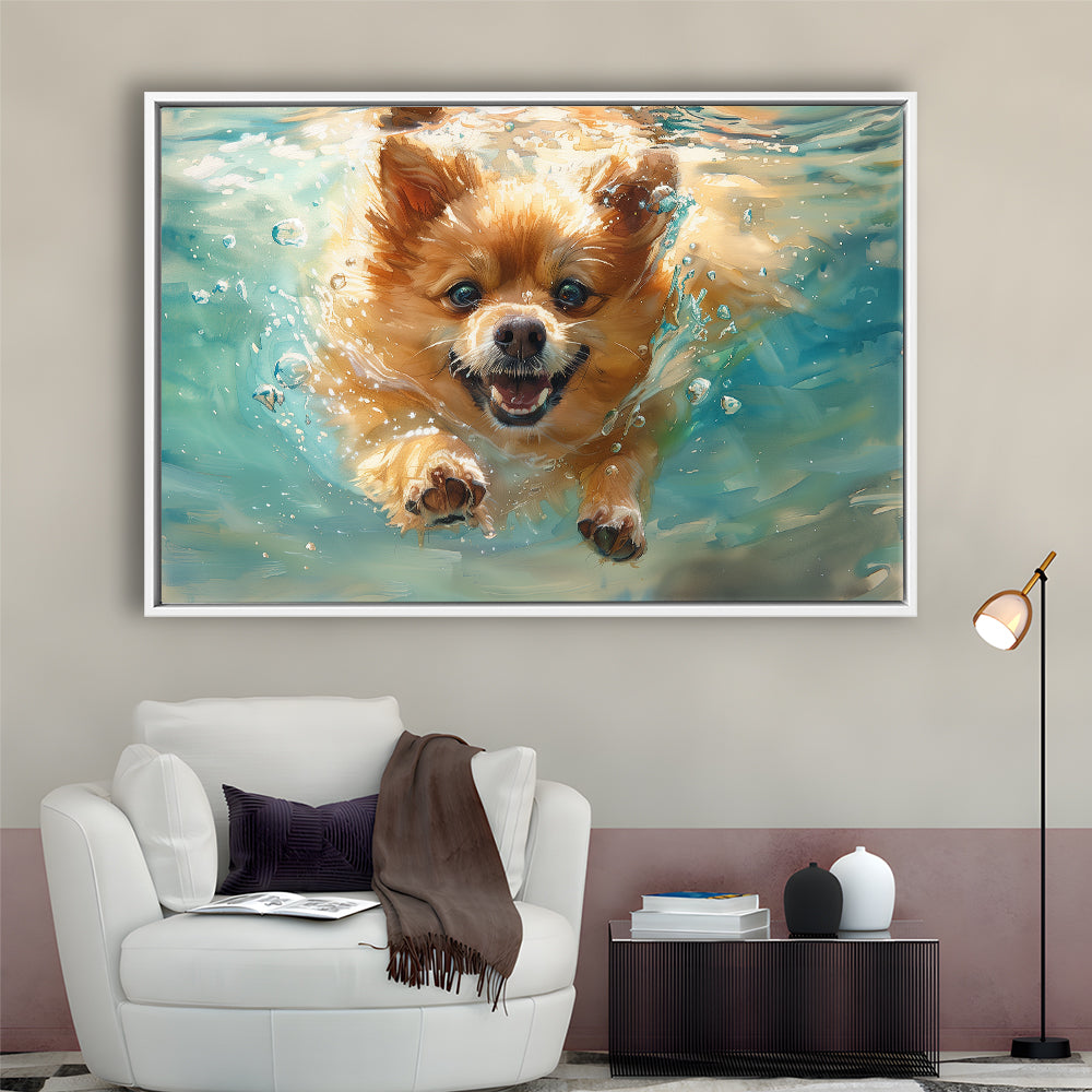 Pomeranian Dog Underwater Painting, Framed Canvas Print, Painting Art, Floating Framed Canvas Print Wall Art