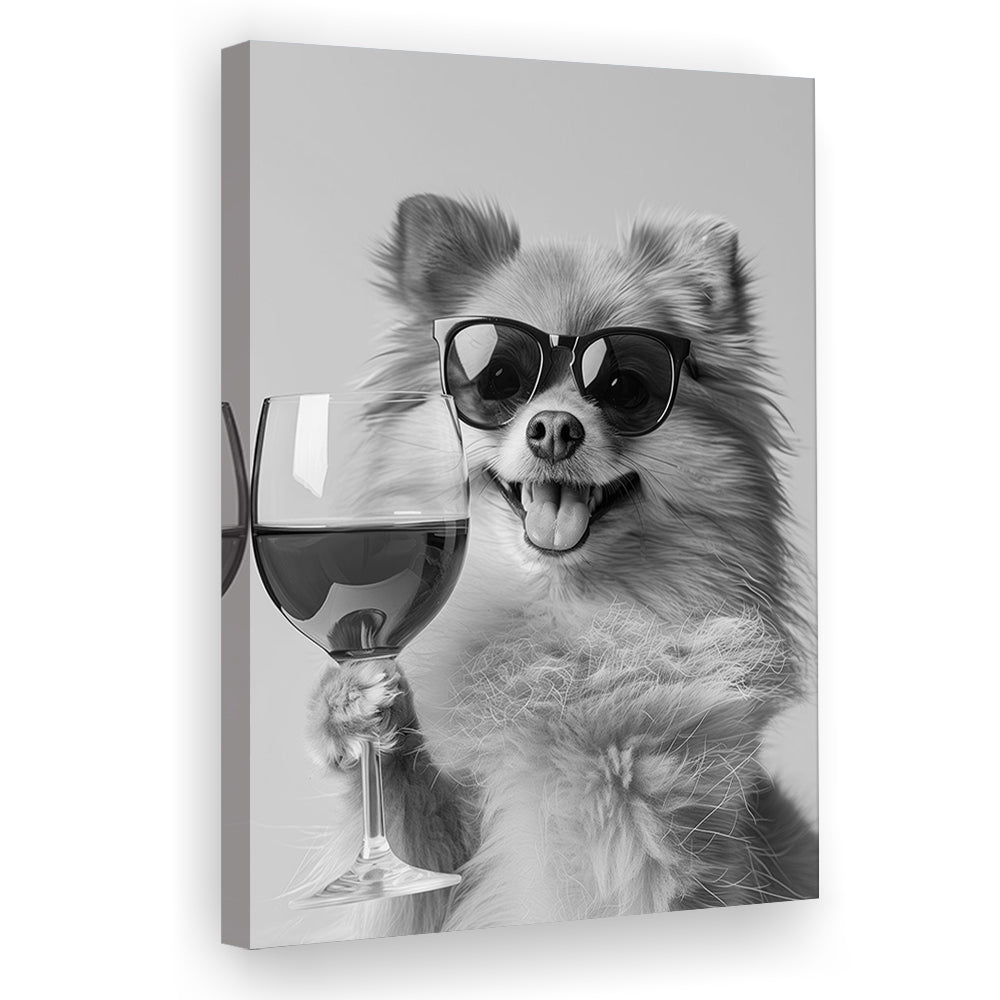 Pomeranian Drinking Wine Canvas Print Wall Art, Black and White, Pomeranian Bar Cart Print, Bar Decor, Kitchen Decor