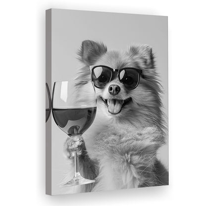 Pomeranian Drinking Wine Canvas Print Wall Art, Black and White, Pomeranian Bar Cart Print, Bar Decor, Kitchen Decor