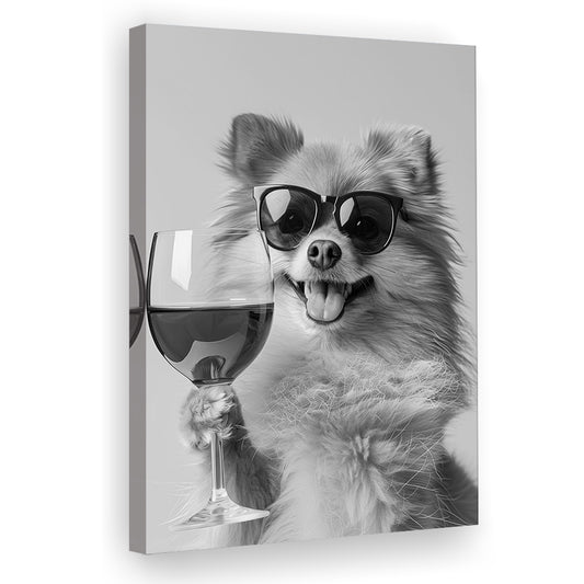 Pomeranian Drinking Wine Canvas Print Wall Art, Black and White, Pomeranian Bar Cart Print, Bar Decor, Kitchen Decor