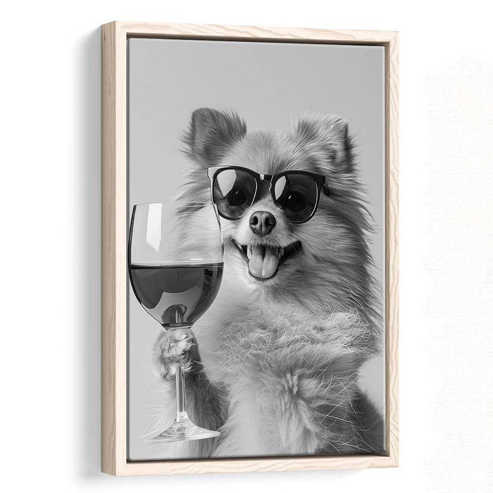 Pomeranian Drinking Wine Framed Canvas Print Wall Art, Black and White, Pomeranian Bar Cart Print, Kitchen Decor