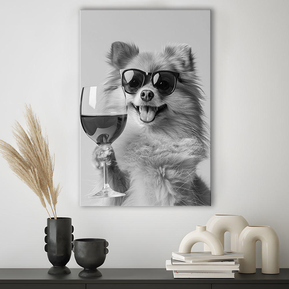 Pomeranian Drinking Wine Canvas Print Wall Art, Black and White, Pomeranian Bar Cart Print, Bar Decor, Kitchen Decor