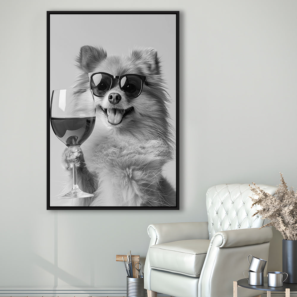 Pomeranian Drinking Wine Framed Canvas Print Wall Art, Black and White, Pomeranian Bar Cart Print, Kitchen Decor