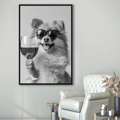 Pomeranian Drinking Wine Framed Canvas Print Wall Art, Black and White, Pomeranian Bar Cart Print, Kitchen Decor