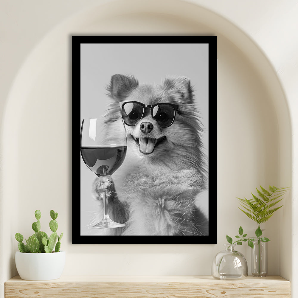 Pomeranian Drinking Wine Framed Art Print Wall Decor, Black and White, Pomeranian Bar Cart Print, Kitchen Decor