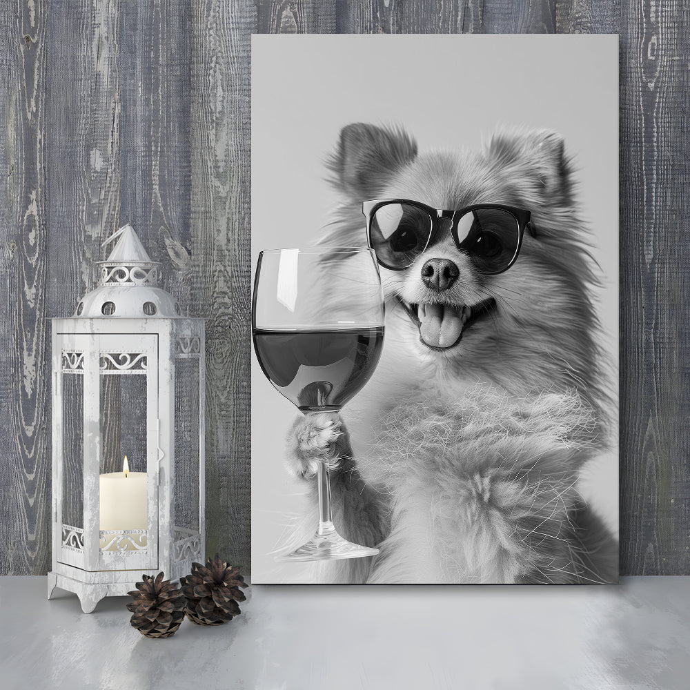 Pomeranian Drinking Wine Canvas Print Wall Art, Black and White, Pomeranian Bar Cart Print, Bar Decor, Kitchen Decor
