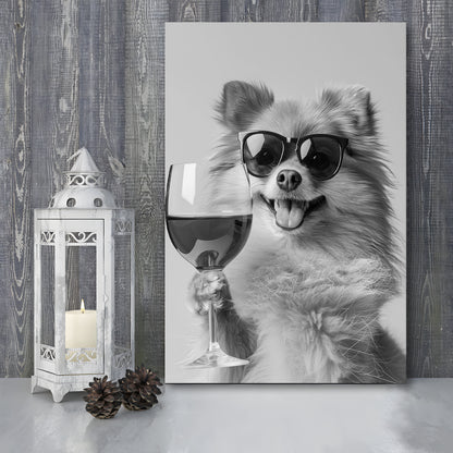 Pomeranian Drinking Wine Canvas Print Wall Art, Black and White, Pomeranian Bar Cart Print, Bar Decor, Kitchen Decor