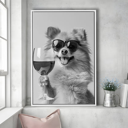 Pomeranian Drinking Wine Framed Canvas Print Wall Art, Black and White, Pomeranian Bar Cart Print, Kitchen Decor