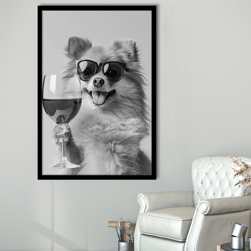 Pomeranian Drinking Wine Framed Art Print Wall Decor, Black and White, Pomeranian Bar Cart Print, Kitchen Decor